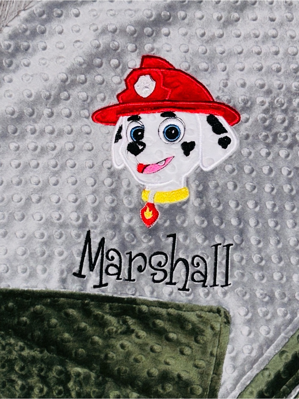 NEW Handmade Marshall Paw Patrol Embroidered Blanket - Gray & Olive-Large size